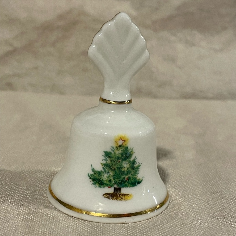 Elegant White and Gold Holiday Mini Bell with Christmas Tree and Holly Design